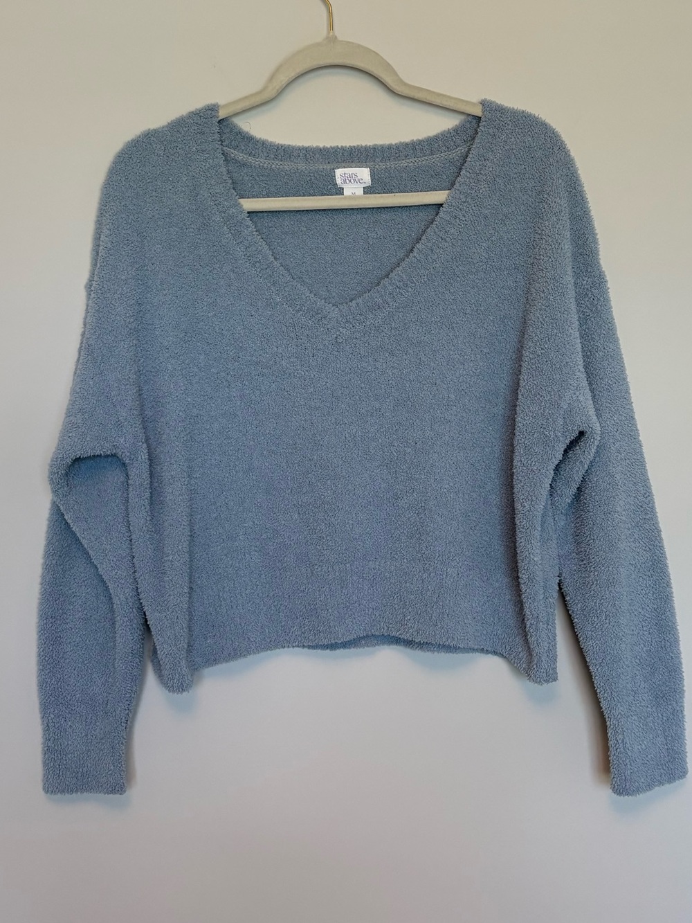 Stars Above Cozy Feather Knit V-Neck Sweater Medium Slate Blue Plush Loungewear